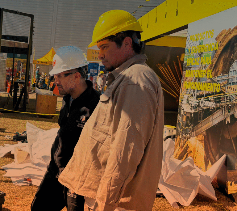 Equipo con cascos de seguridad durante un montaje en una exposición