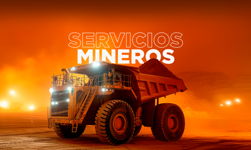 Servicios mineros de Plot Center: camión minero entre polvo y luces en una mina